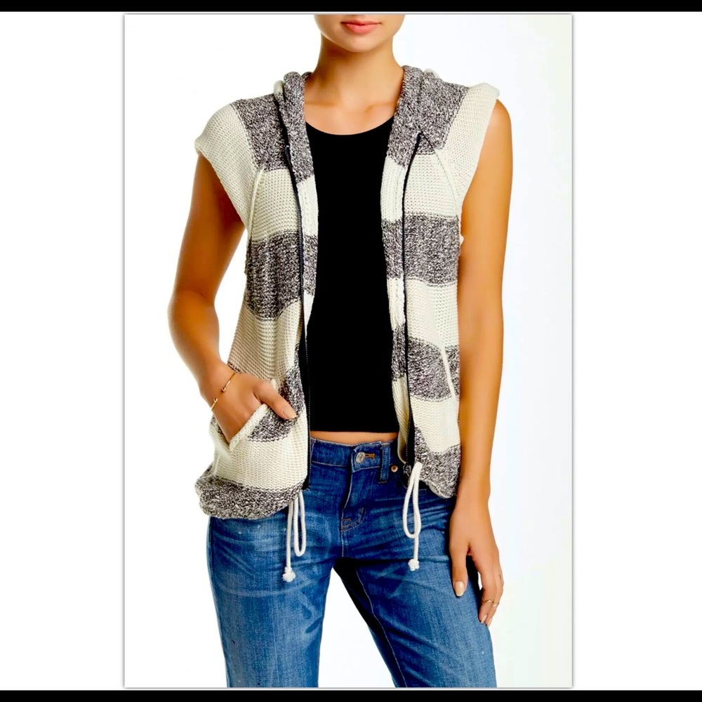 Free People Vest Zip Top Hoodie in Ivory/Grey NWOT